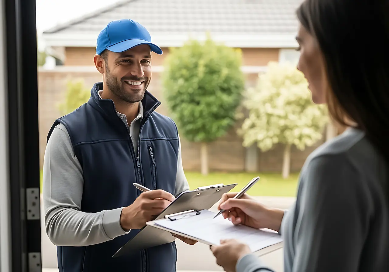 Vecteezy A Man In A Blue Hat And Vest Is Talking To A Woman 70209270