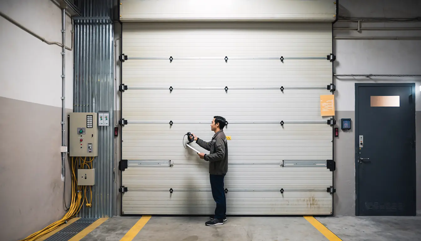 Vecteezy Industrial Warehouse Worker Operates Large Roll Up Door With 74236802