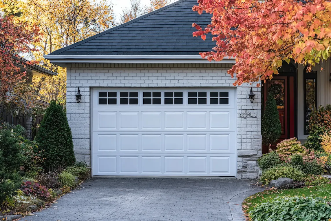 Vecteezy White Garage Door Of A Beautiful House Surrounded By Autumn 50783869