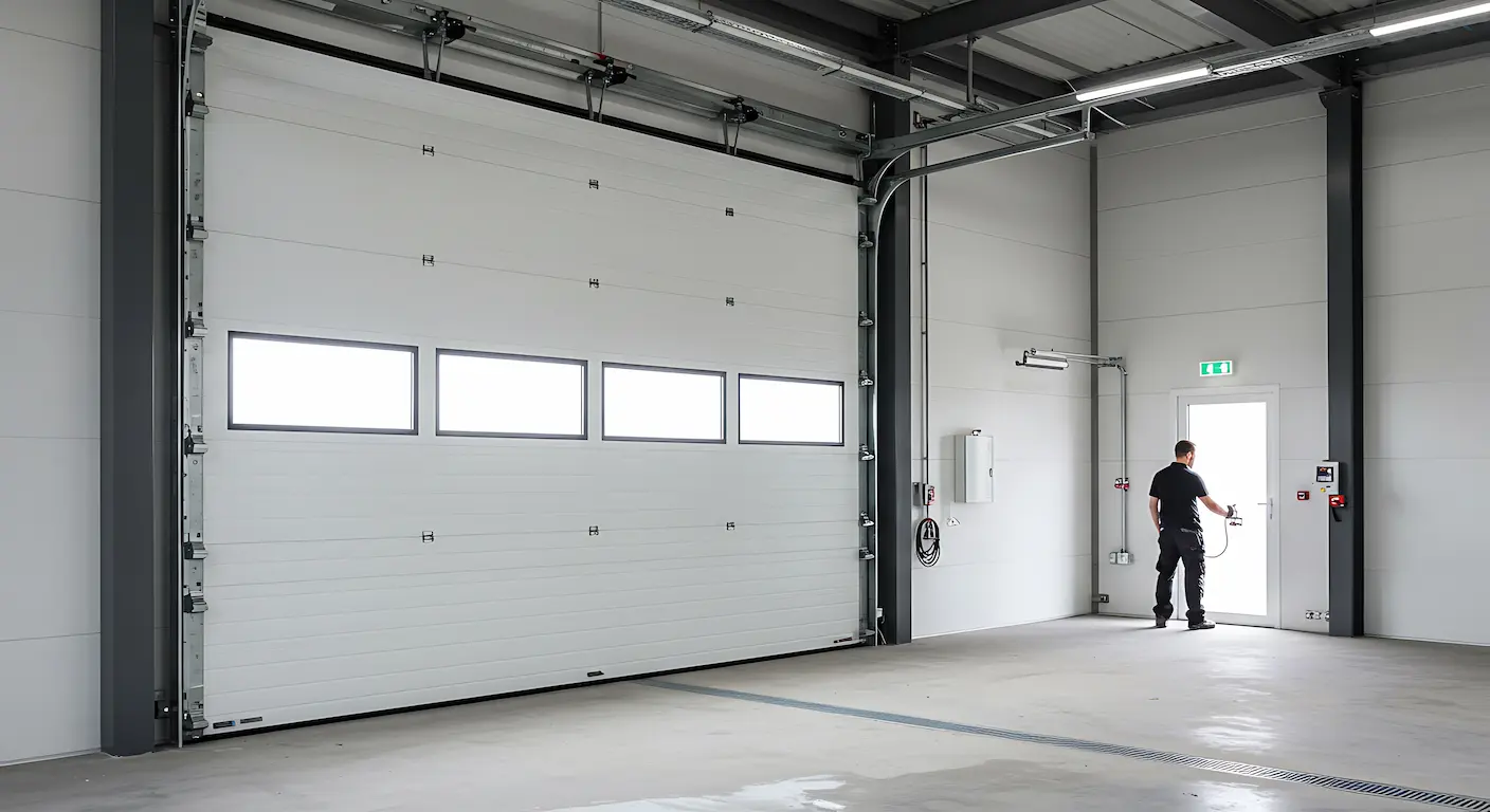Vecteezy Worker By A Large White Sectional Overhead Door In A Modern 69625574